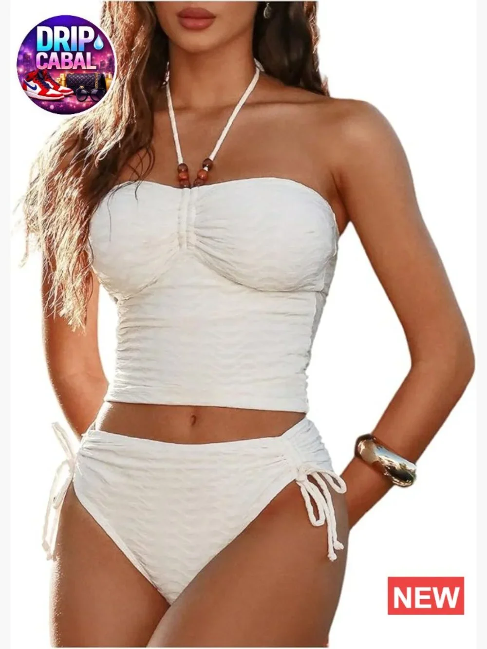 Women's 2 Piece Tankini Swimsuits Textured Halter Beaded Ruched Sets Vacation